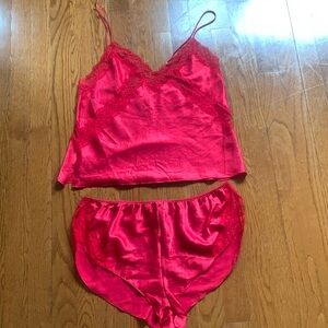 Victoria’s Secret Red Satin Lace Lingerie Set- Camisole and Shorts
